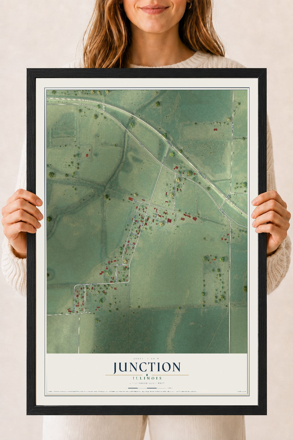 Map of Junction, Illinois, 18 x 24 inch print in a black wood frame