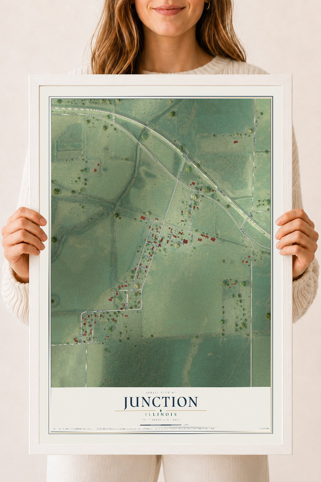 Map of Junction, Illinois, 18 x 24 inch print in a white wood frame