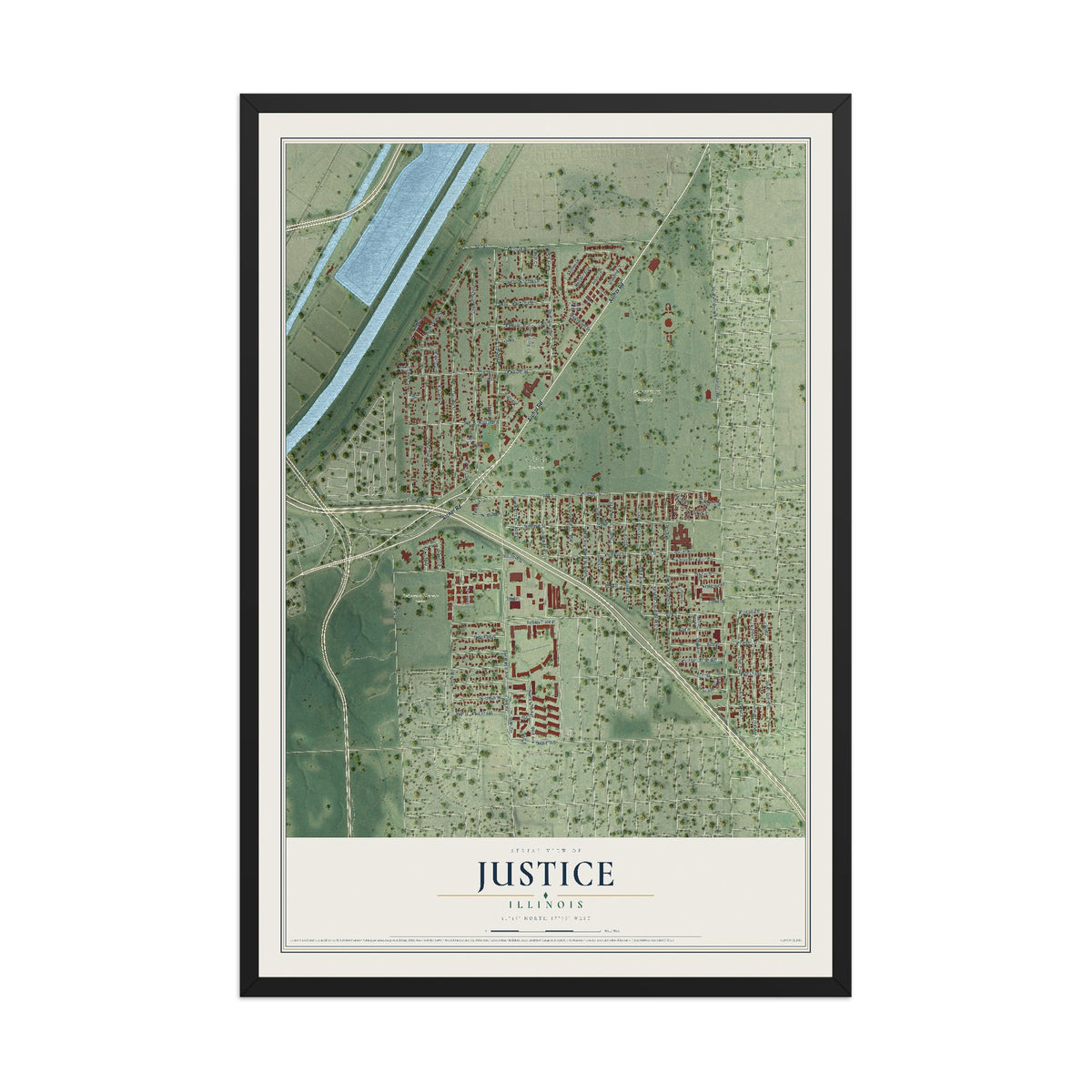 Map of Justice, Illinois, 12 x 18 inch print in a black wood frame