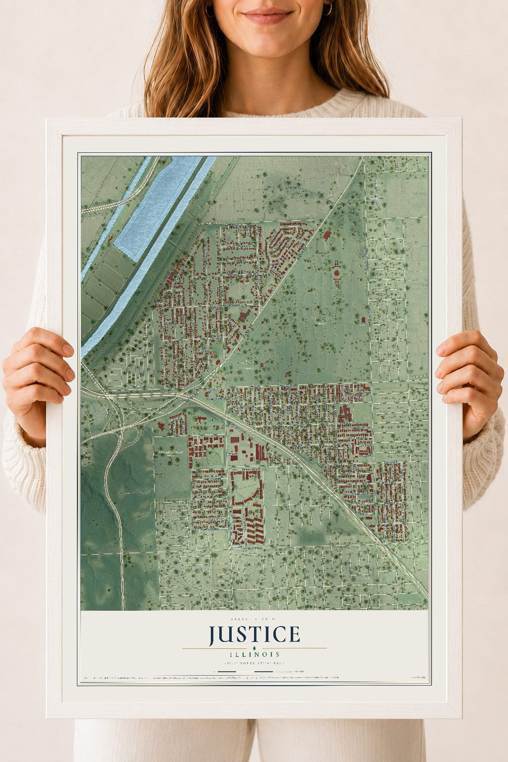 Map of Justice, Illinois, 18 x 24 inch print in a white wood frame