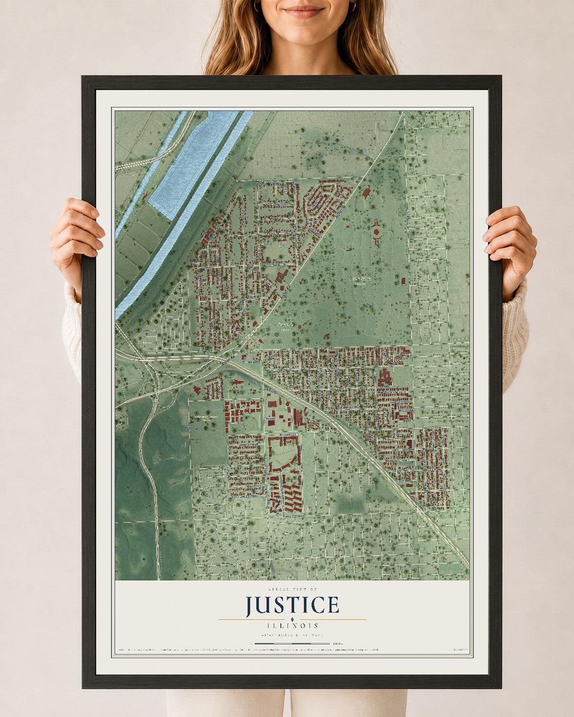Map of Justice, Illinois, 24 x 36 inch print in a black wood frame