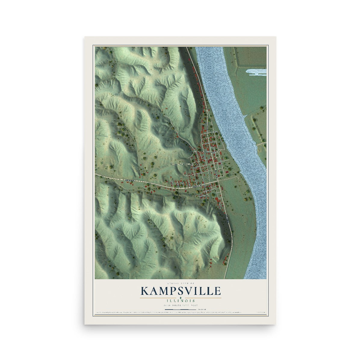 Map of Kampsville, Illinois, 12 x 18 inch unframed archival matte print