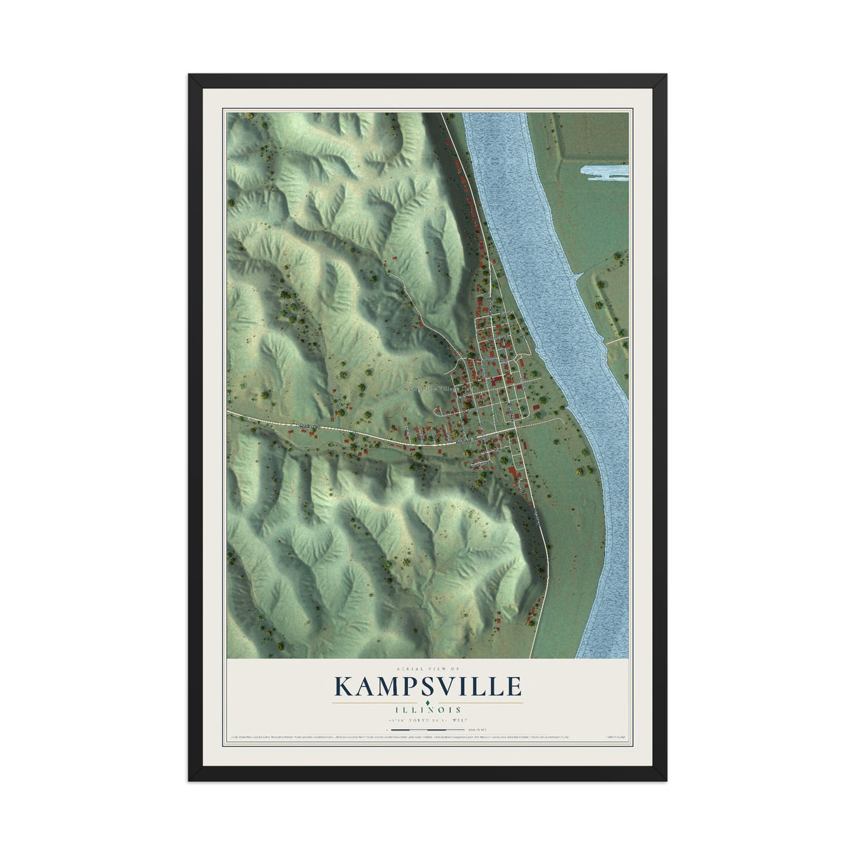 Map of Kampsville, Illinois, 12 x 18 inch print in a black wood frame