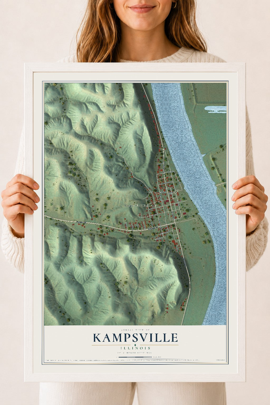 Map of Kampsville, Illinois, 18 x 24 inch print in a white wood frame