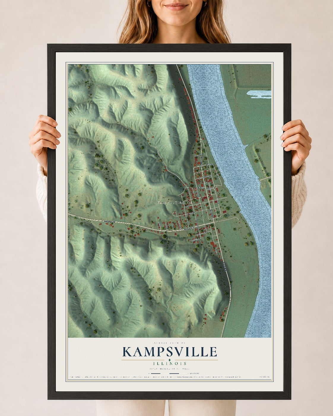 Map of Kampsville, Illinois, 24 x 36 inch print in a black wood frame