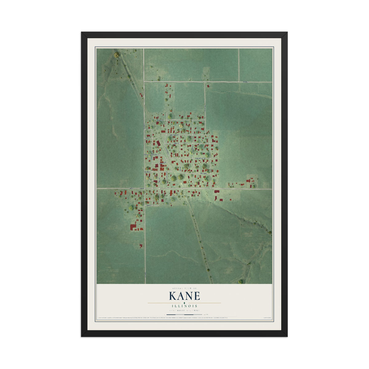 Map of Kane, Illinois, 12 x 18 inch print in a black wood frame