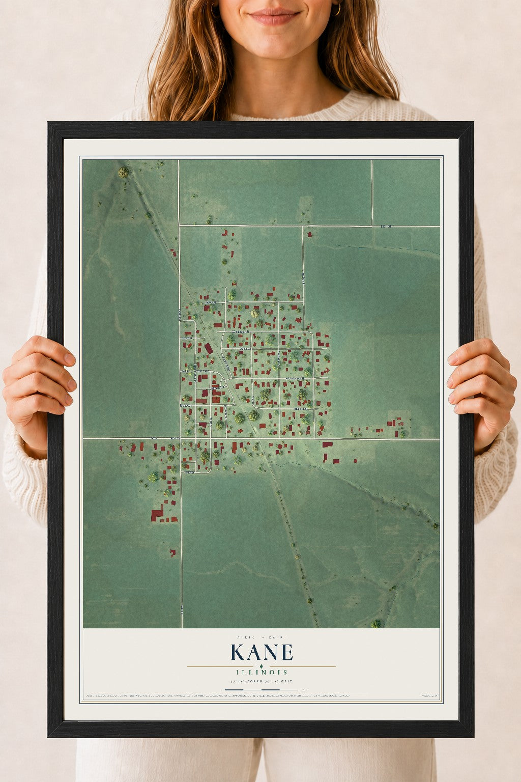 Map of Kane, Illinois, 18 x 24 inch print in a black wood frame