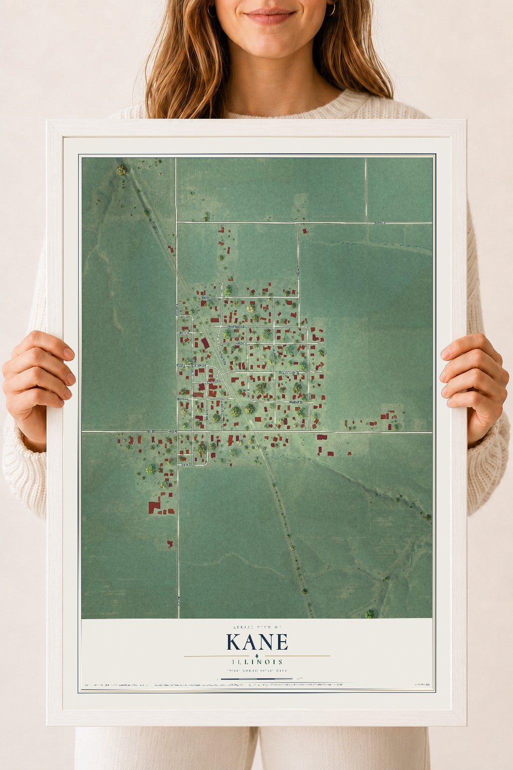 Map of Kane, Illinois, 18 x 24 inch print in a white wood frame