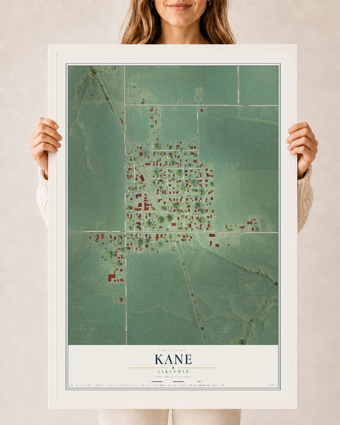 Map of Kane, Illinois, 24 x 36 inch print in a white wood frame