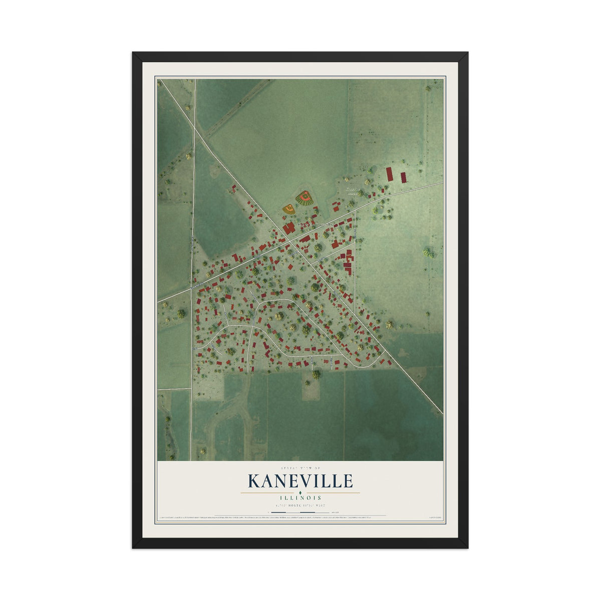 Map of Kaneville, Illinois, 12 x 18 inch print in a black wood frame