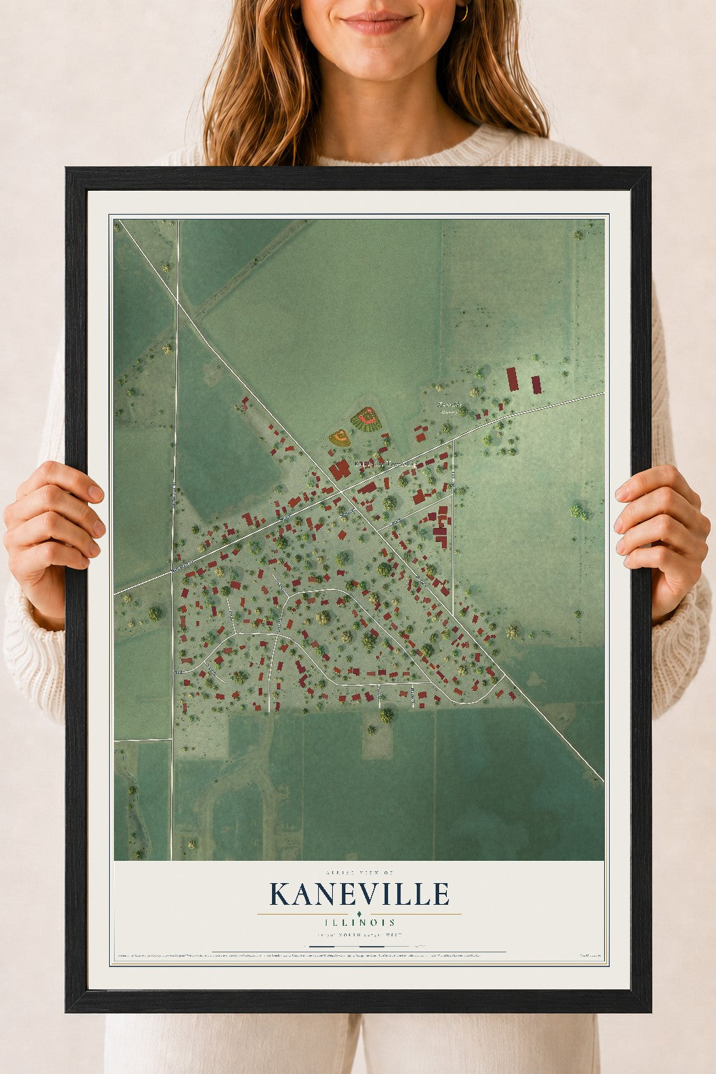 Map of Kaneville, Illinois, 18 x 24 inch print in a black wood frame