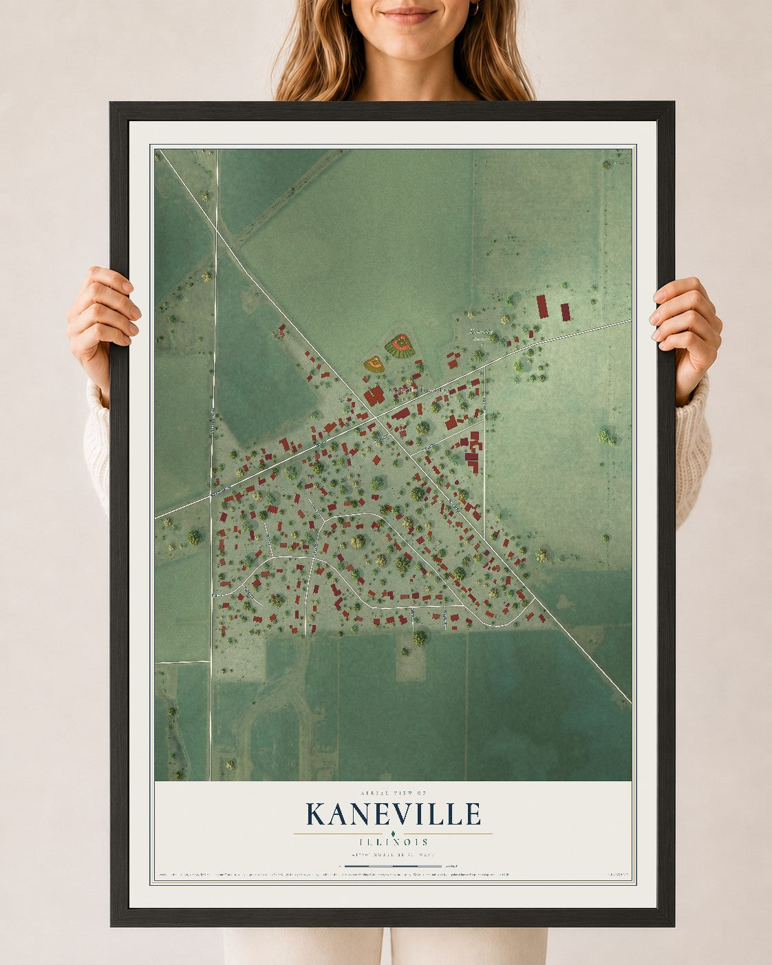 Map of Kaneville, Illinois, 24 x 36 inch print in a black wood frame