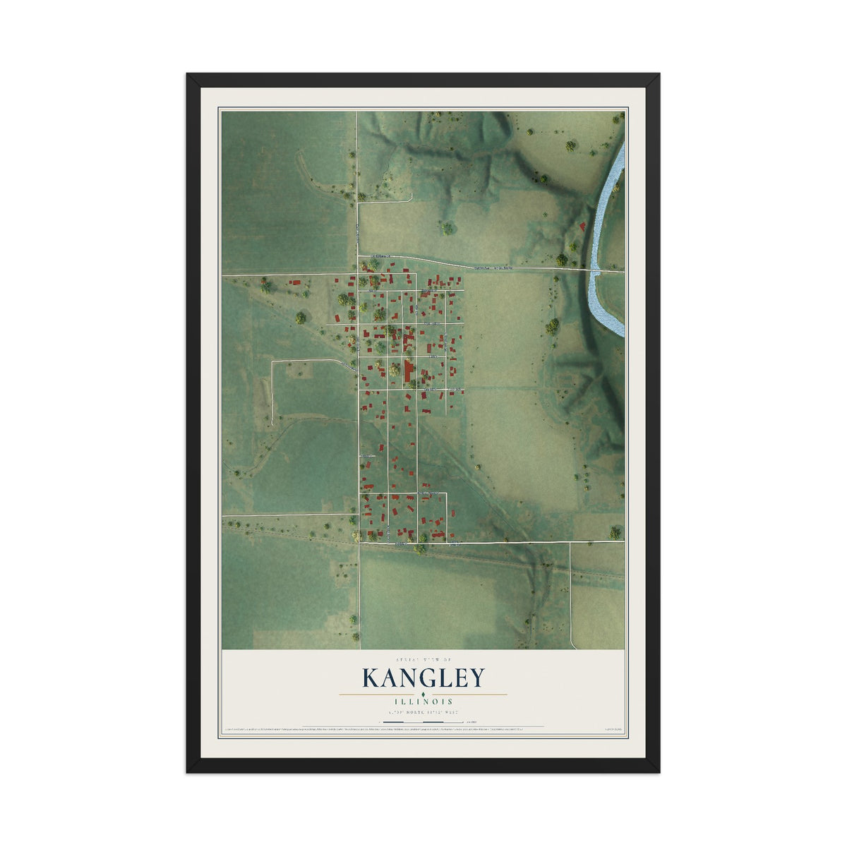 Map of Kangley, Illinois, 12 x 18 inch print in a black wood frame