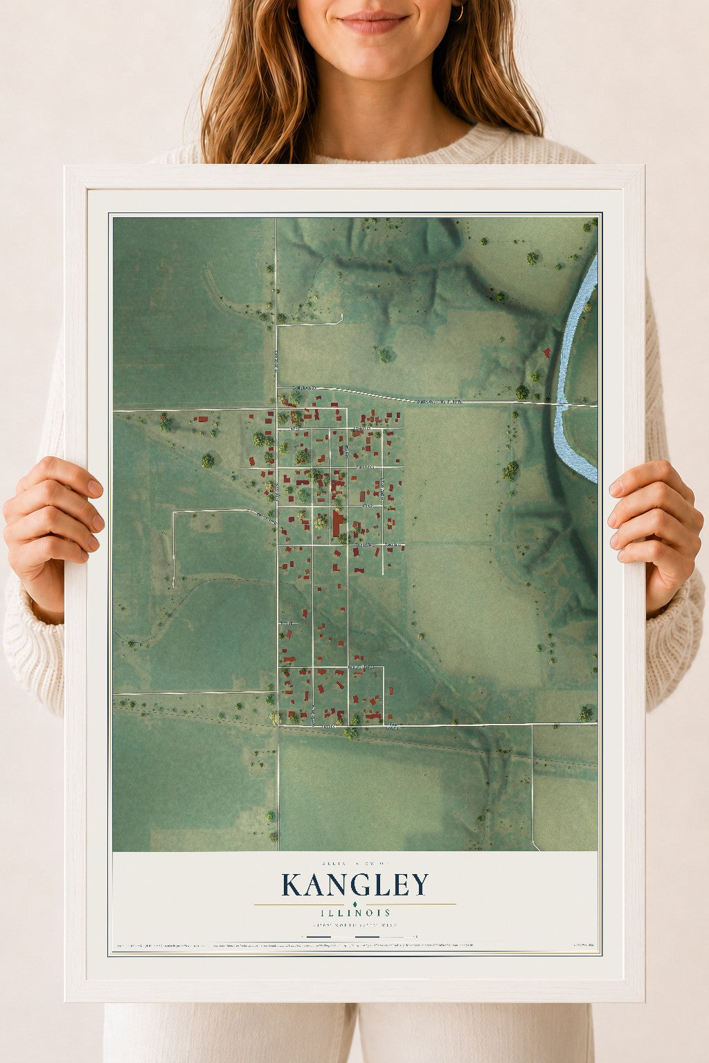 Map of Kangley, Illinois, 18 x 24 inch print in a white wood frame