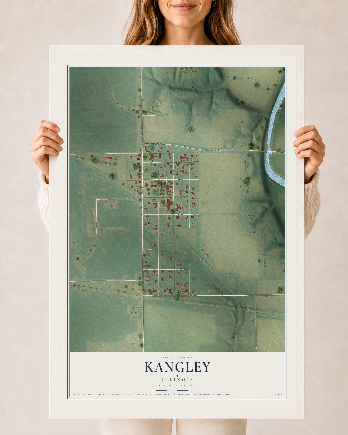 Map of Kangley, Illinois, 24 x 36 inch print in a white wood frame
