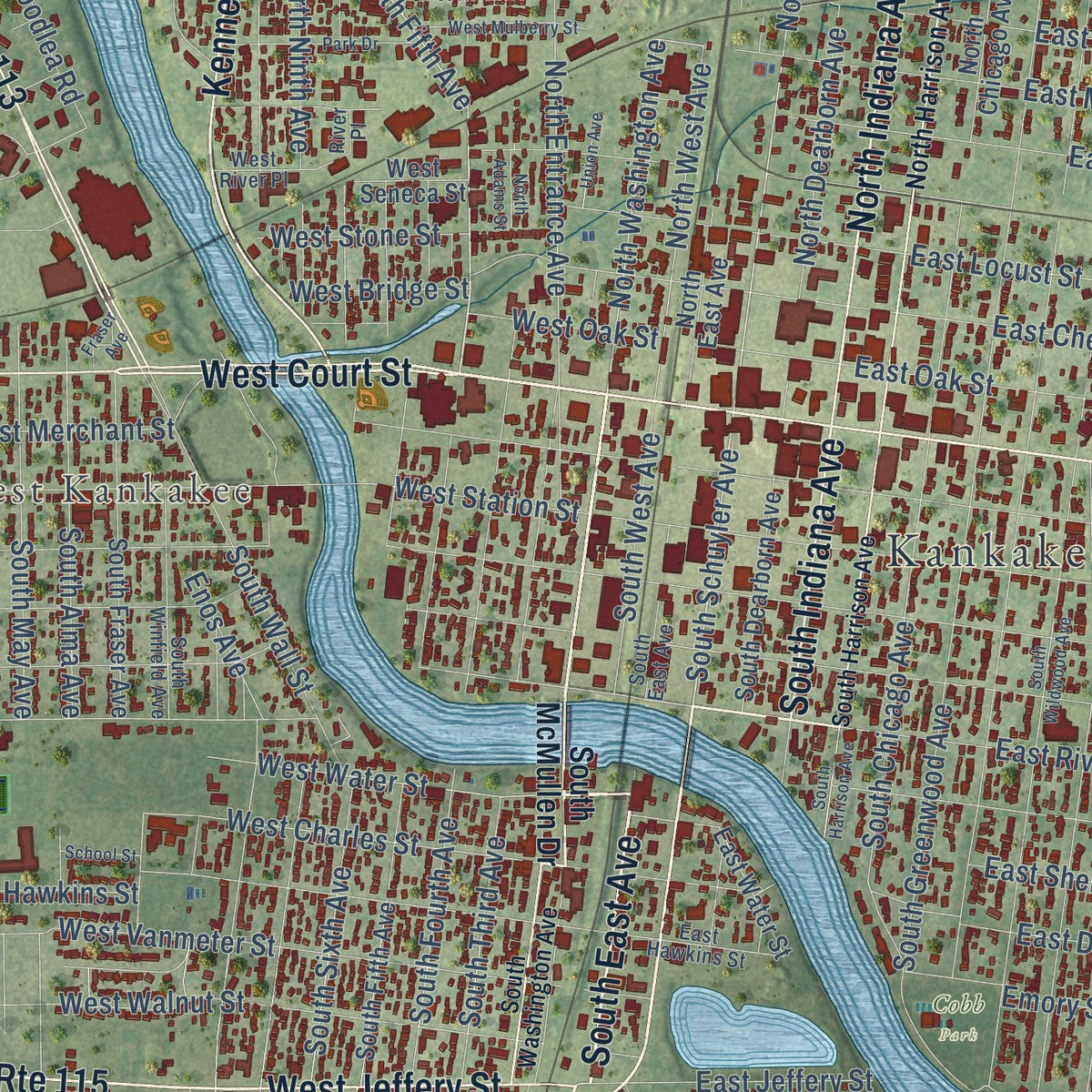 Close-up of the map of Kankakee, Illinois print showing street and building detail