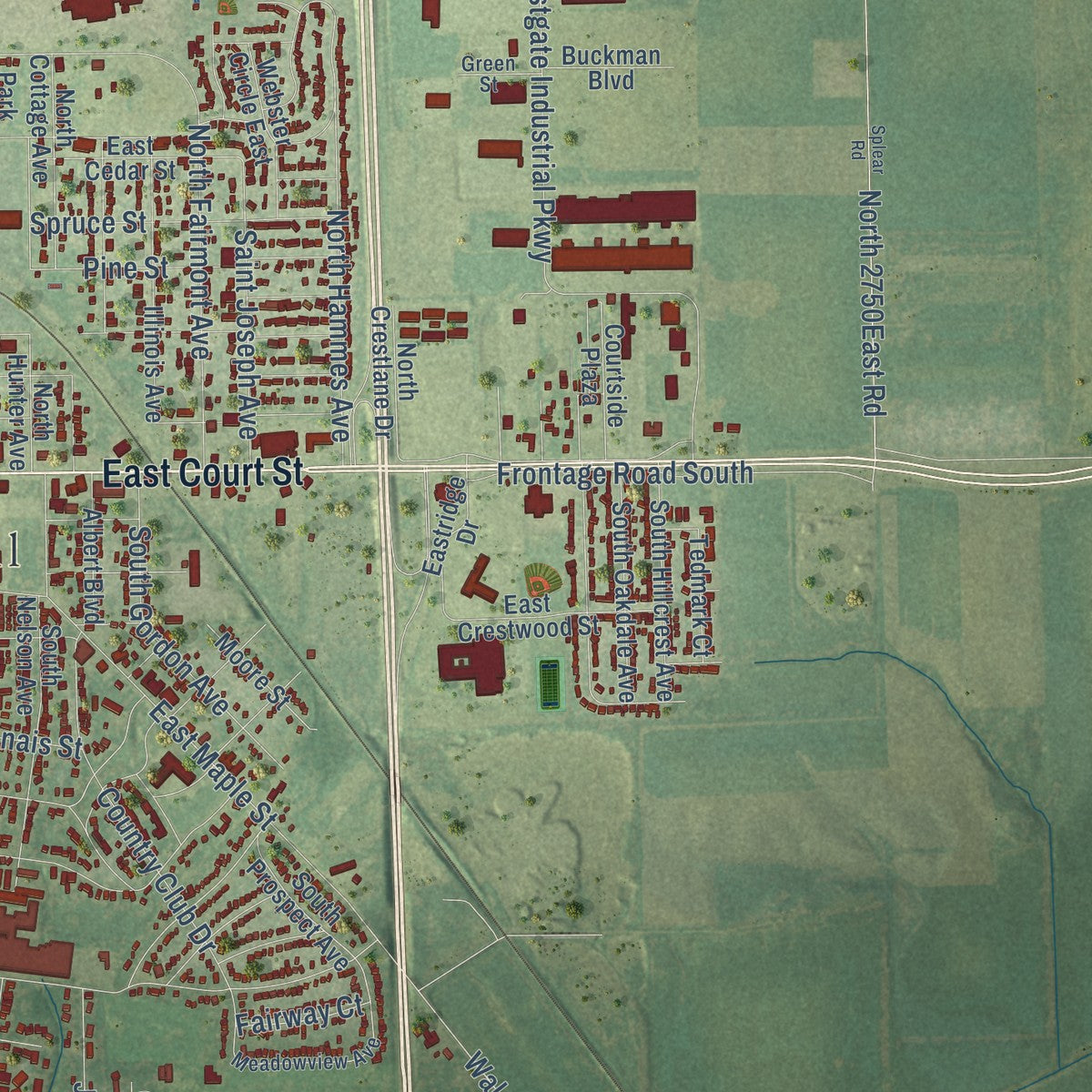 Second close-up of the map of Kankakee, Illinois print showing more streets and buildings