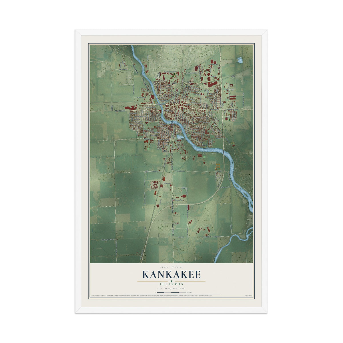 Map of Kankakee, Illinois, 12 x 18 inch print in a white wood frame