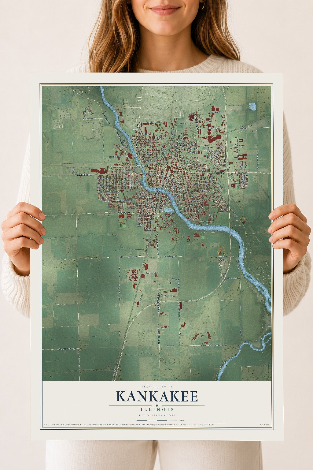 Map of Kankakee, Illinois, 18 x 24 inch unframed archival matte print