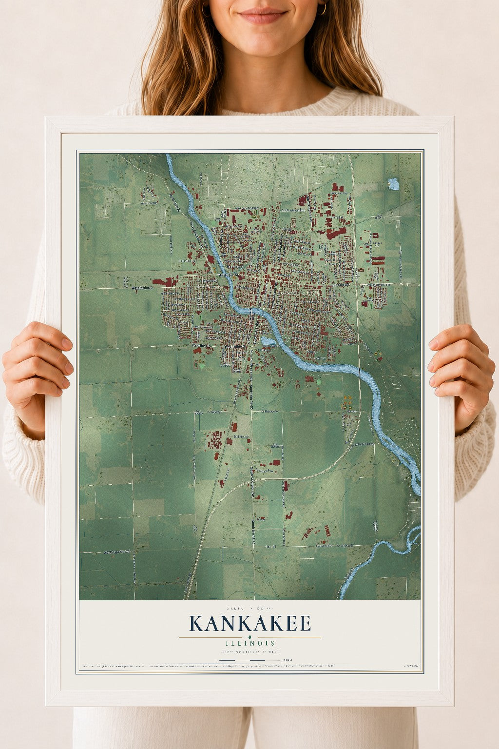 Map of Kankakee, Illinois, 18 x 24 inch print in a white wood frame