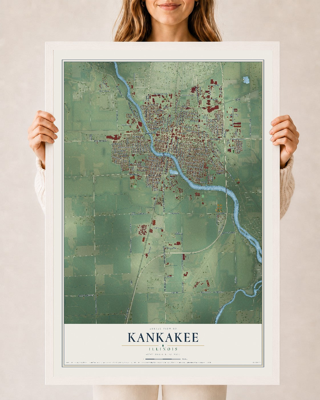 Map of Kankakee, Illinois, 24 x 36 inch print in a white wood frame
