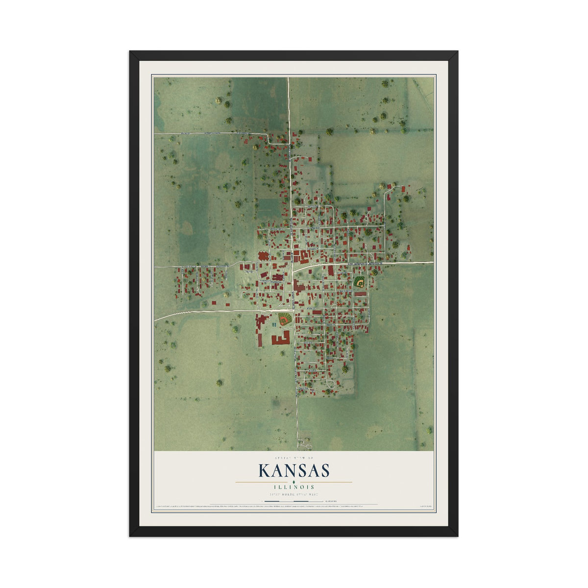 Map of Kansas, Illinois, 12 x 18 inch print in a black wood frame