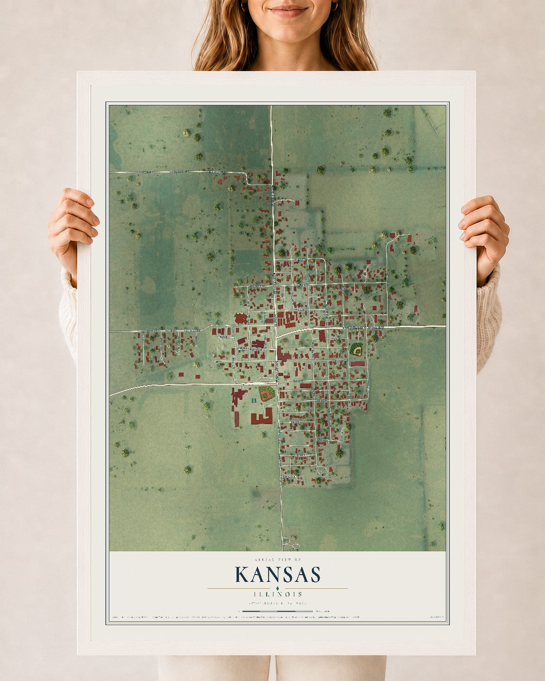 Map of Kansas, Illinois, 24 x 36 inch print in a white wood frame