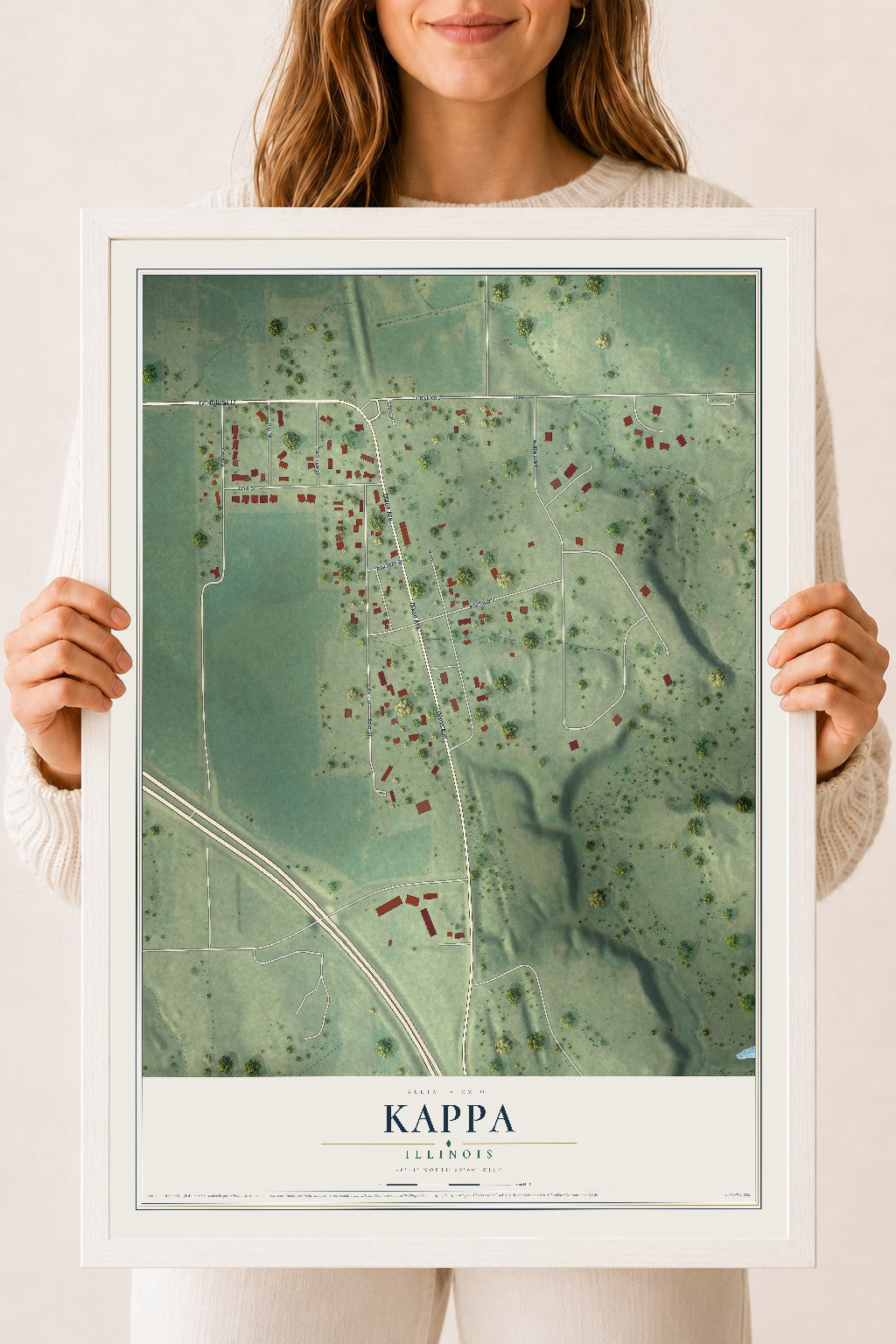 Map of Kappa, Illinois, 18 x 24 inch print in a white wood frame