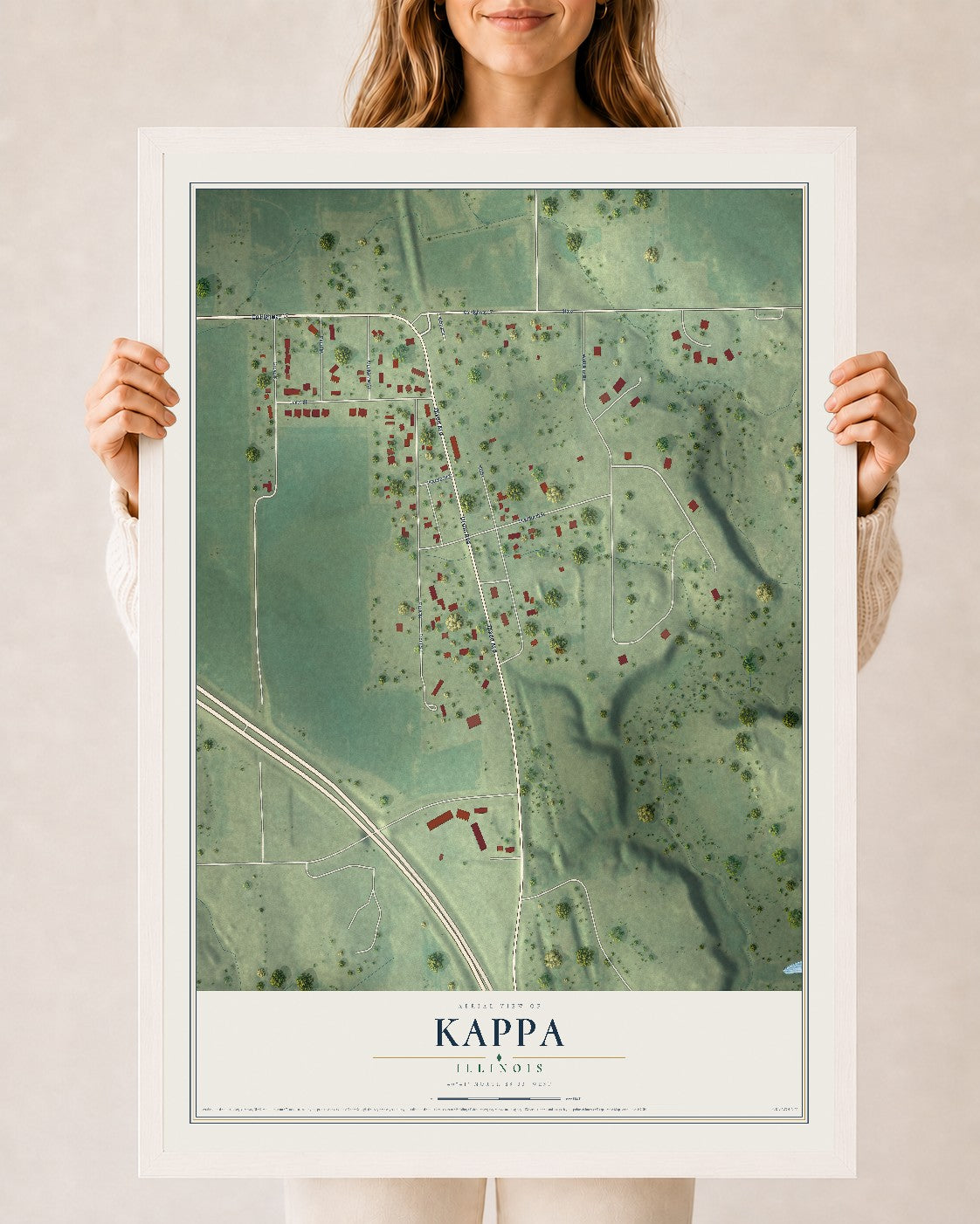 Map of Kappa, Illinois, 24 x 36 inch print in a white wood frame