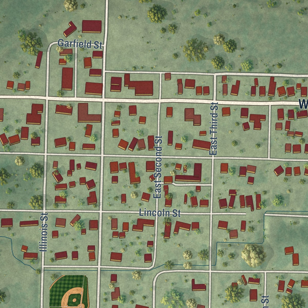 Close-up of the map of Karnak, Illinois print showing street and building detail
