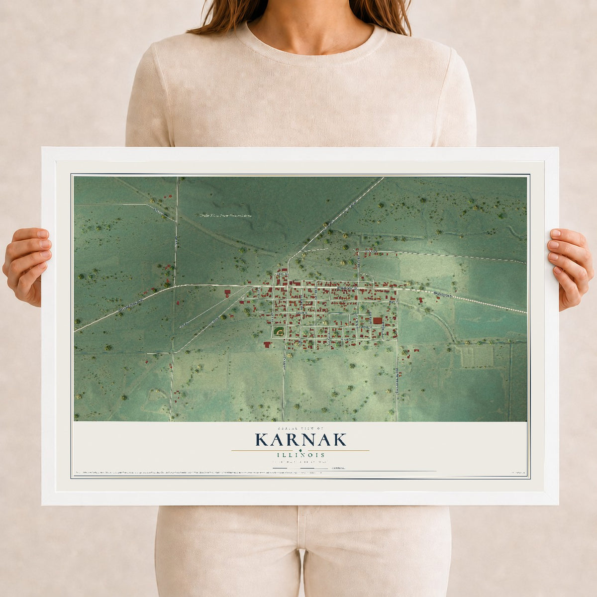 Map of Karnak, Illinois, 12 x 18 inch print in a white wood frame