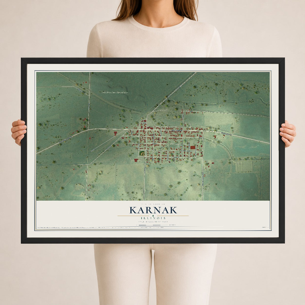 Map of Karnak, Illinois, 24 x 36 inch print in a black wood frame