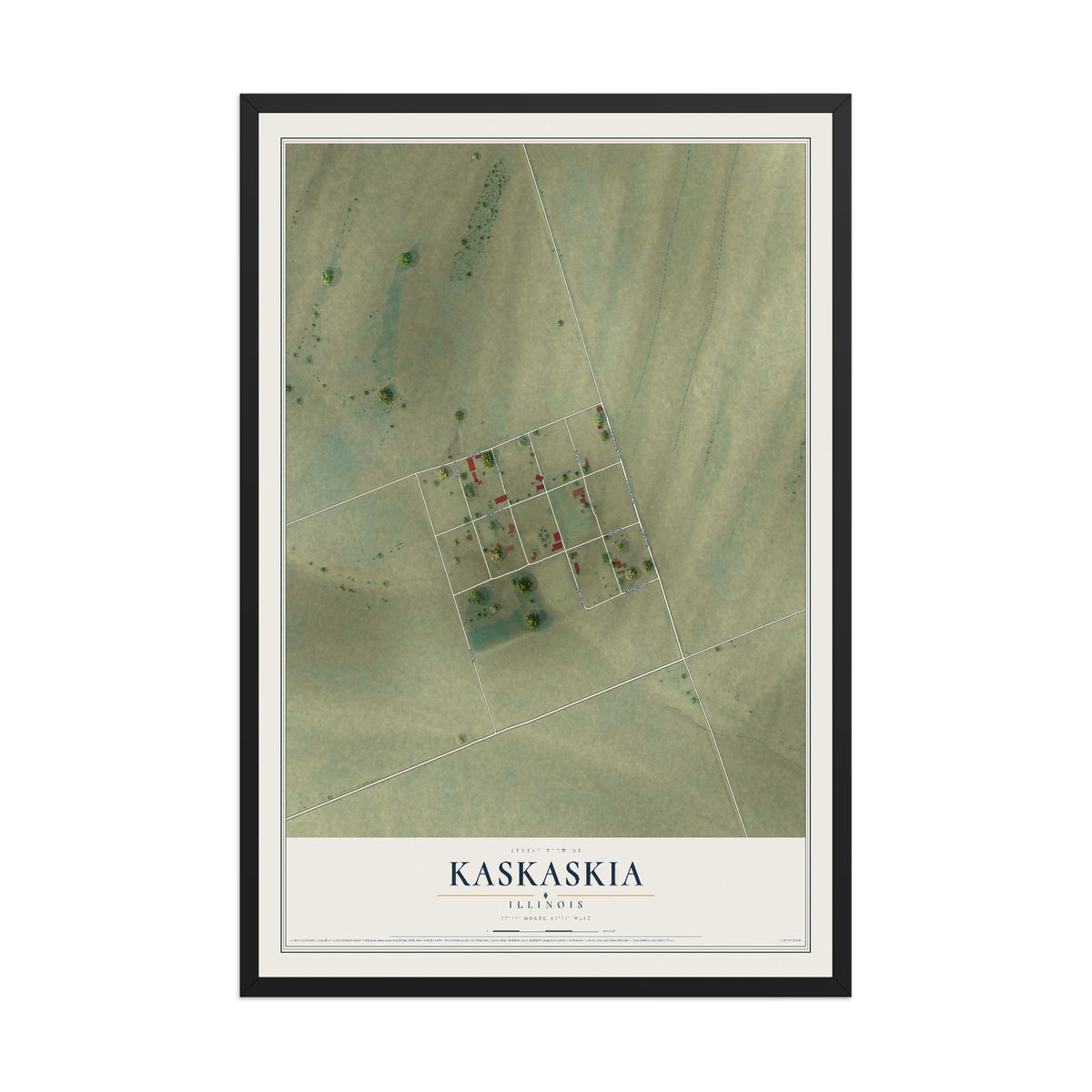 Map of Kaskaskia, Illinois, 12 x 18 inch print in a black wood frame