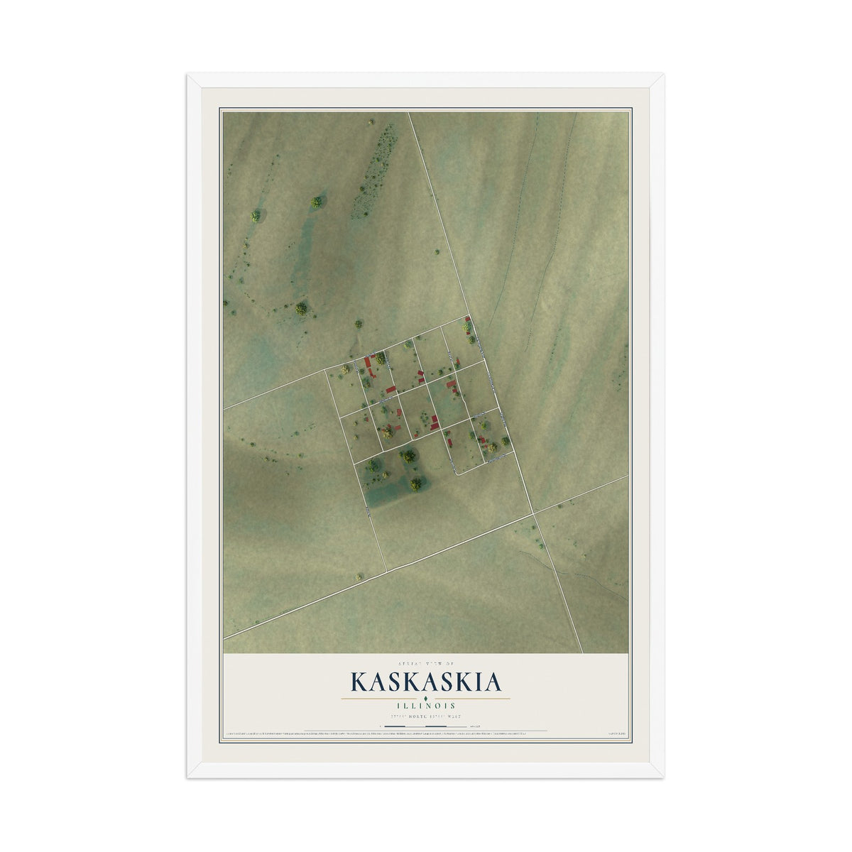 Map of Kaskaskia, Illinois, 12 x 18 inch print in a white wood frame