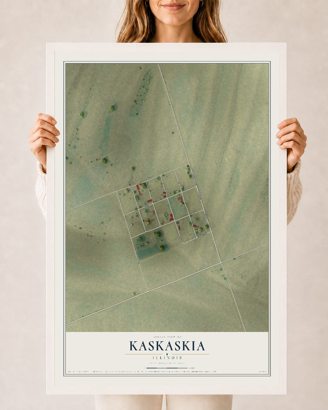 Map of Kaskaskia, Illinois, 24 x 36 inch print in a white wood frame