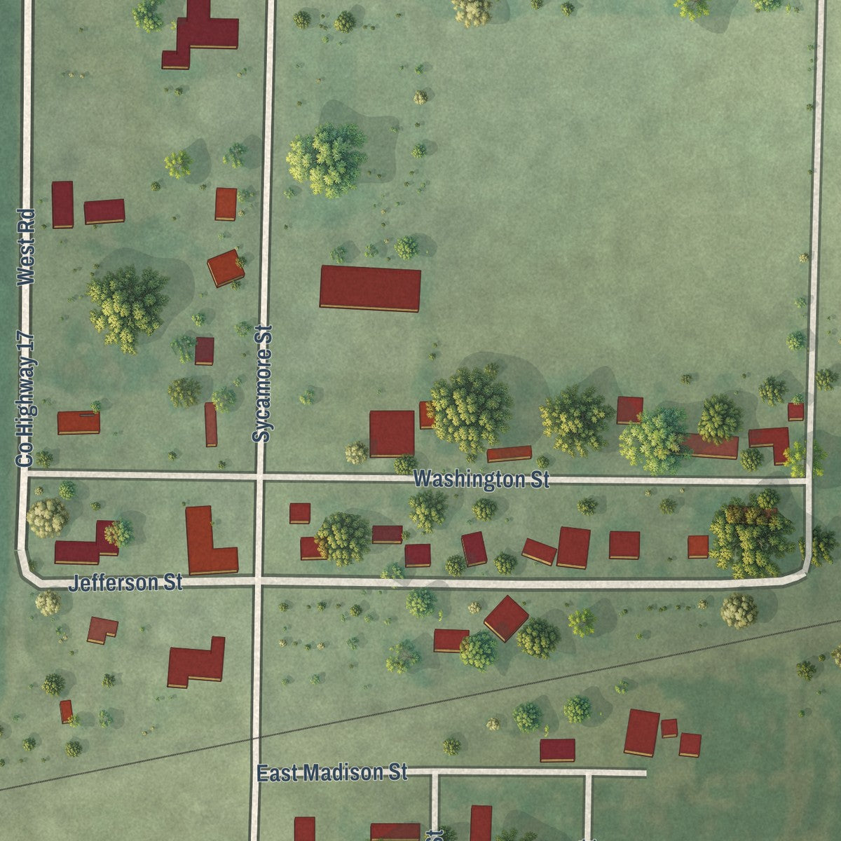 Close-up of the map of Keenes, Illinois print showing street and building detail