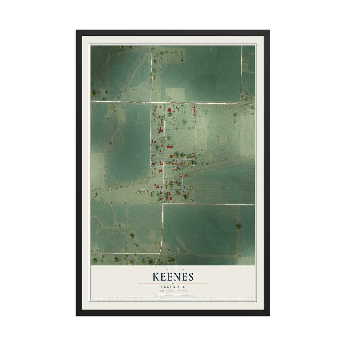 Map of Keenes, Illinois, 12 x 18 inch print in a black wood frame