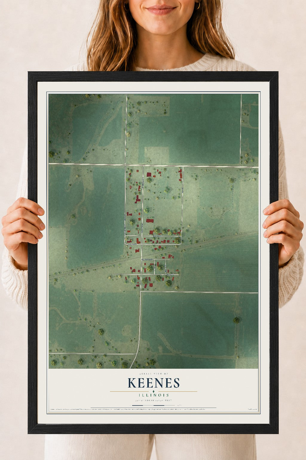 Map of Keenes, Illinois, 18 x 24 inch print in a black wood frame