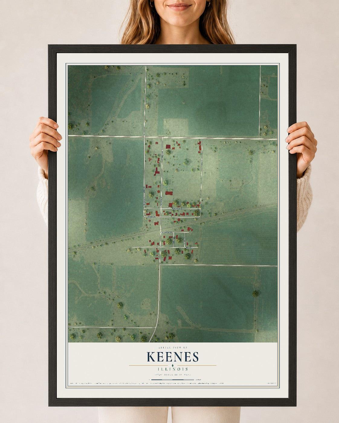Map of Keenes, Illinois, 24 x 36 inch print in a black wood frame