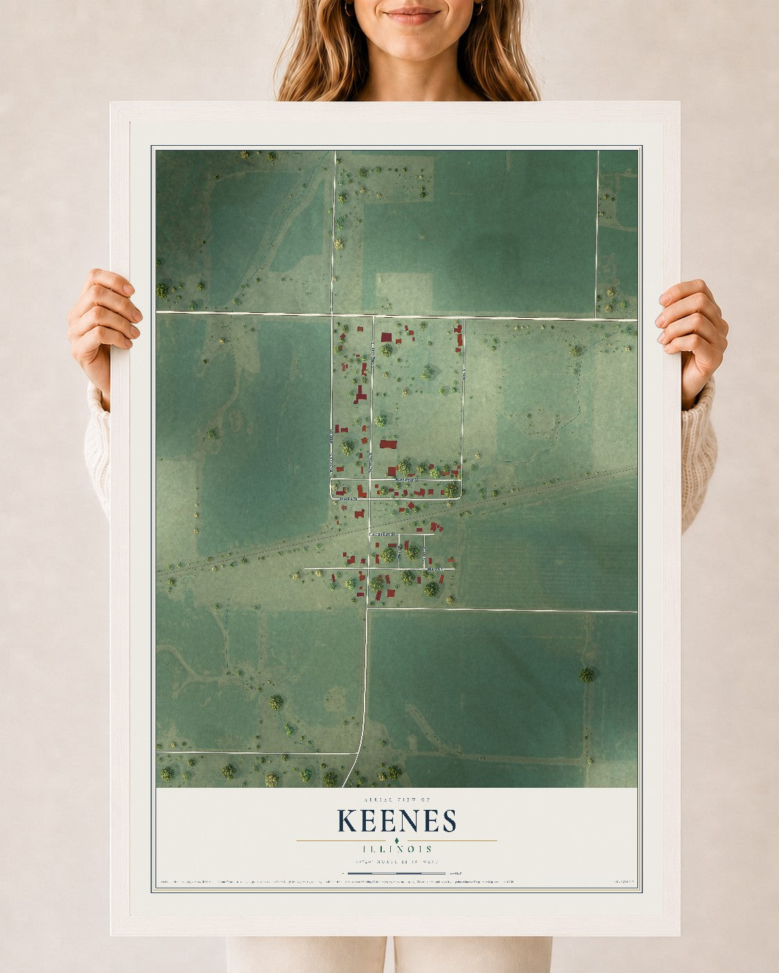 Map of Keenes, Illinois, 24 x 36 inch print in a white wood frame