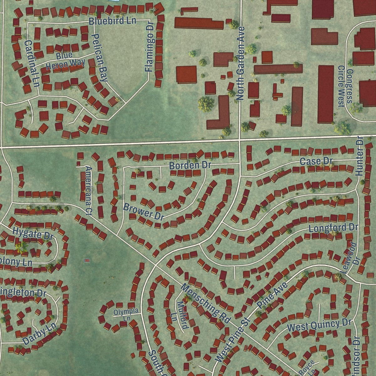 Close-up of the map of Keeneyville, Illinois print showing street and building detail