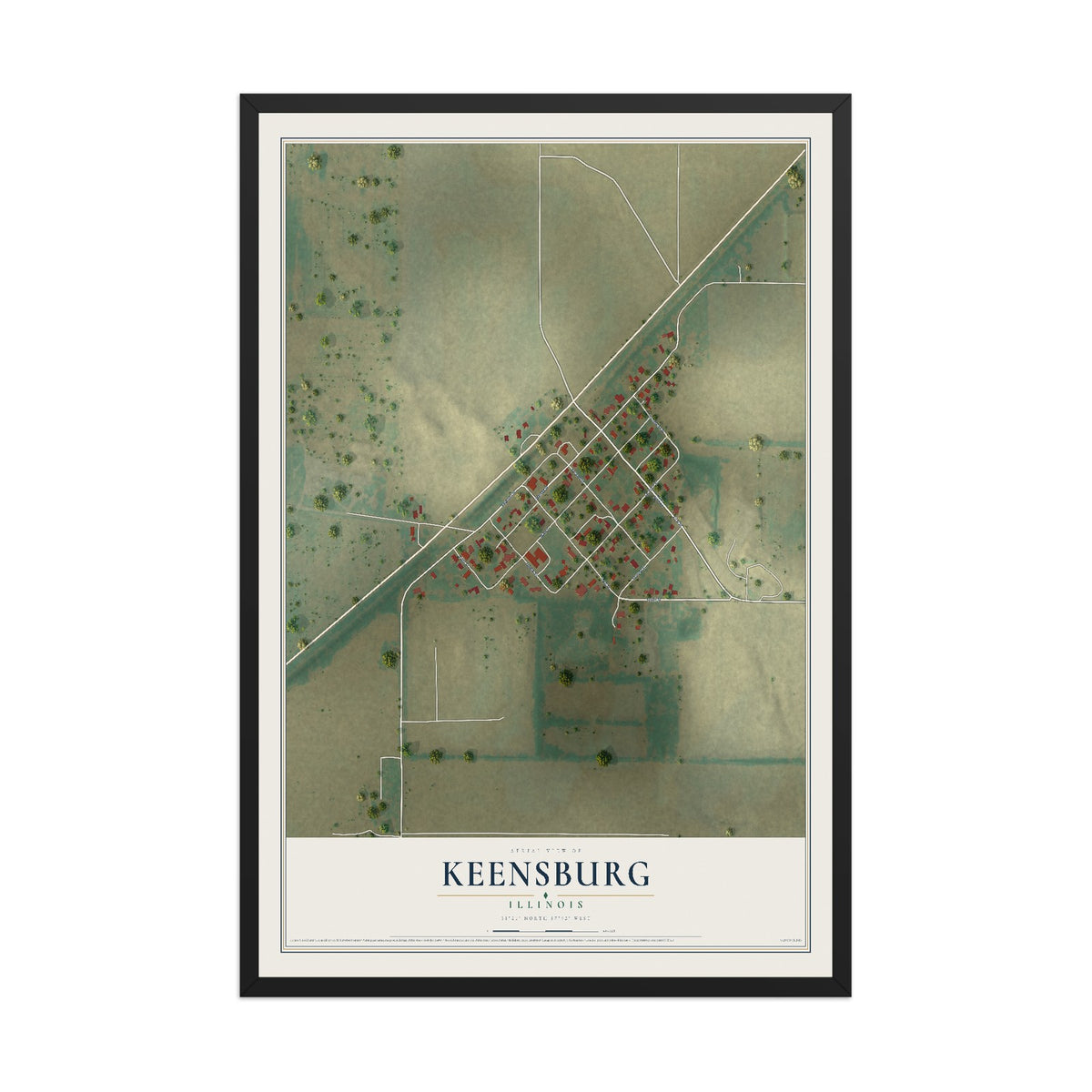 Map of Keensburg, Illinois, 12 x 18 inch print in a black wood frame