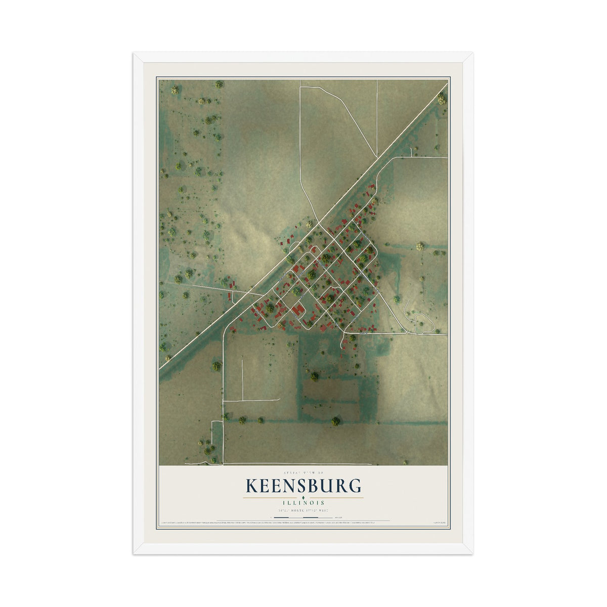 Map of Keensburg, Illinois, 12 x 18 inch print in a white wood frame