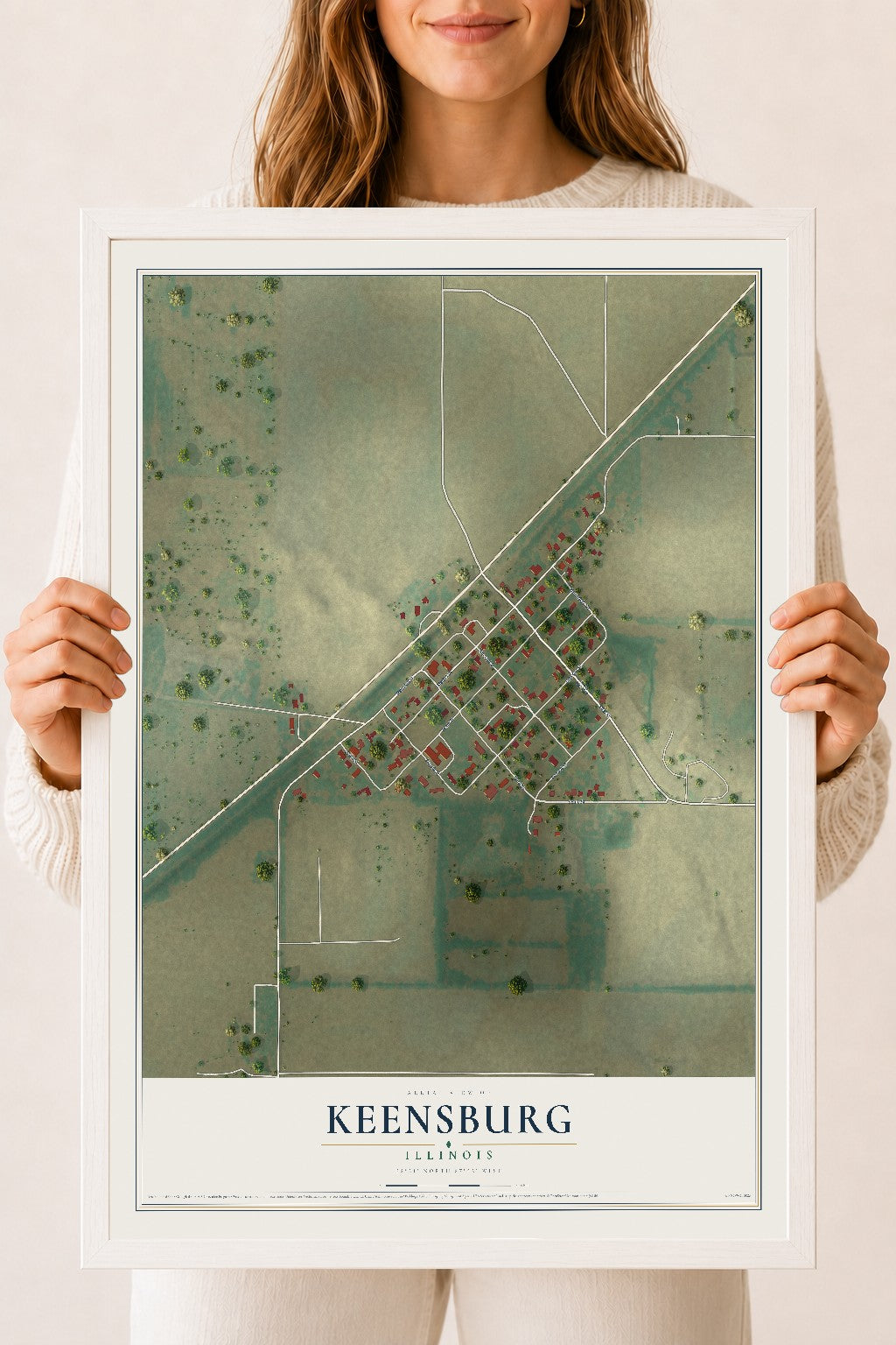 Map of Keensburg, Illinois, 18 x 24 inch print in a white wood frame