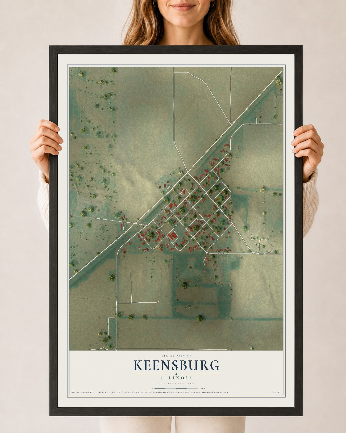Map of Keensburg, Illinois, 24 x 36 inch print in a black wood frame