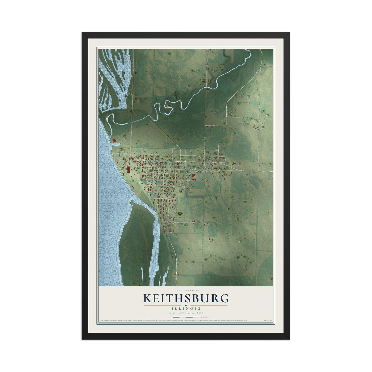Map of Keithsburg, Illinois, 12 x 18 inch print in a black wood frame