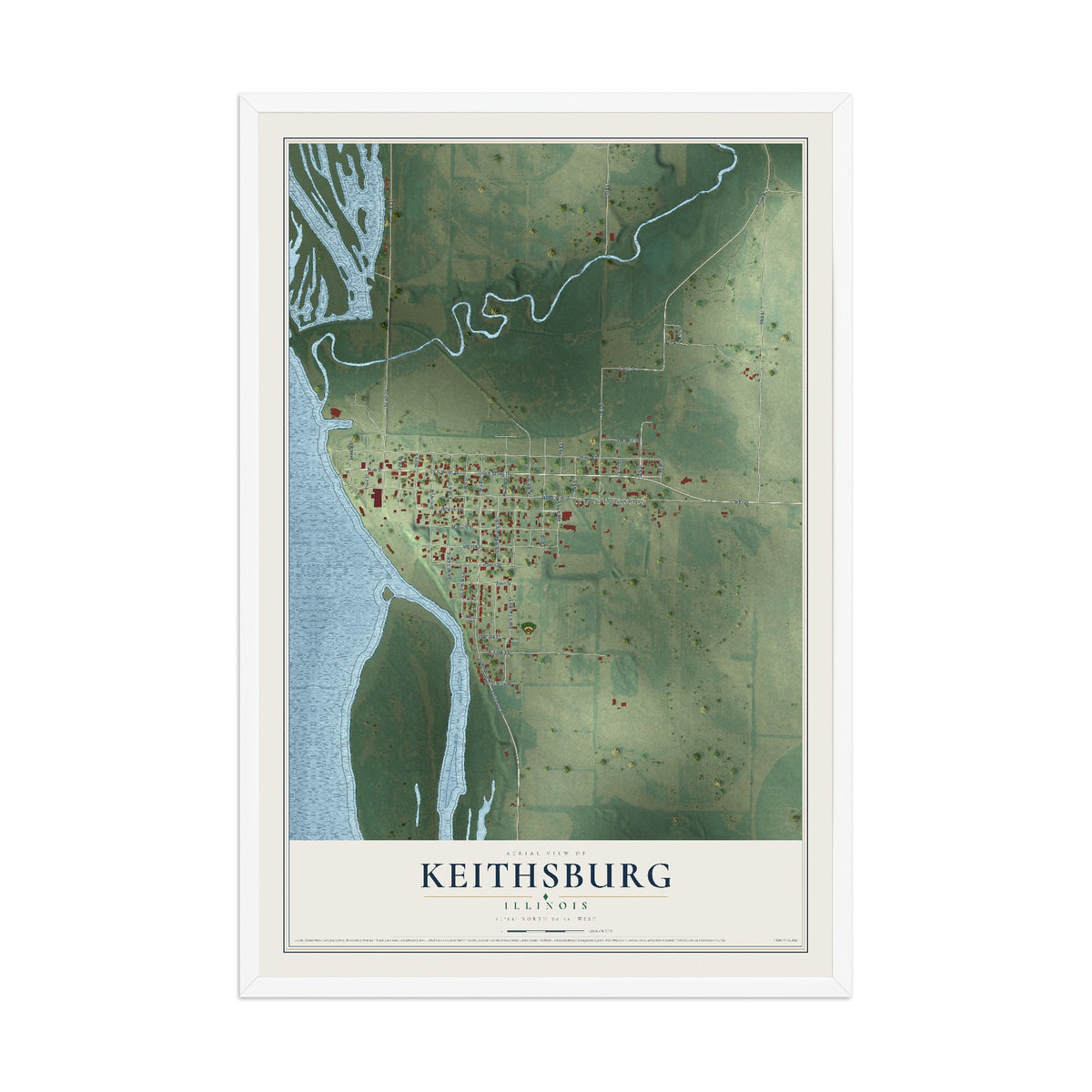 Map of Keithsburg, Illinois, 12 x 18 inch print in a white wood frame