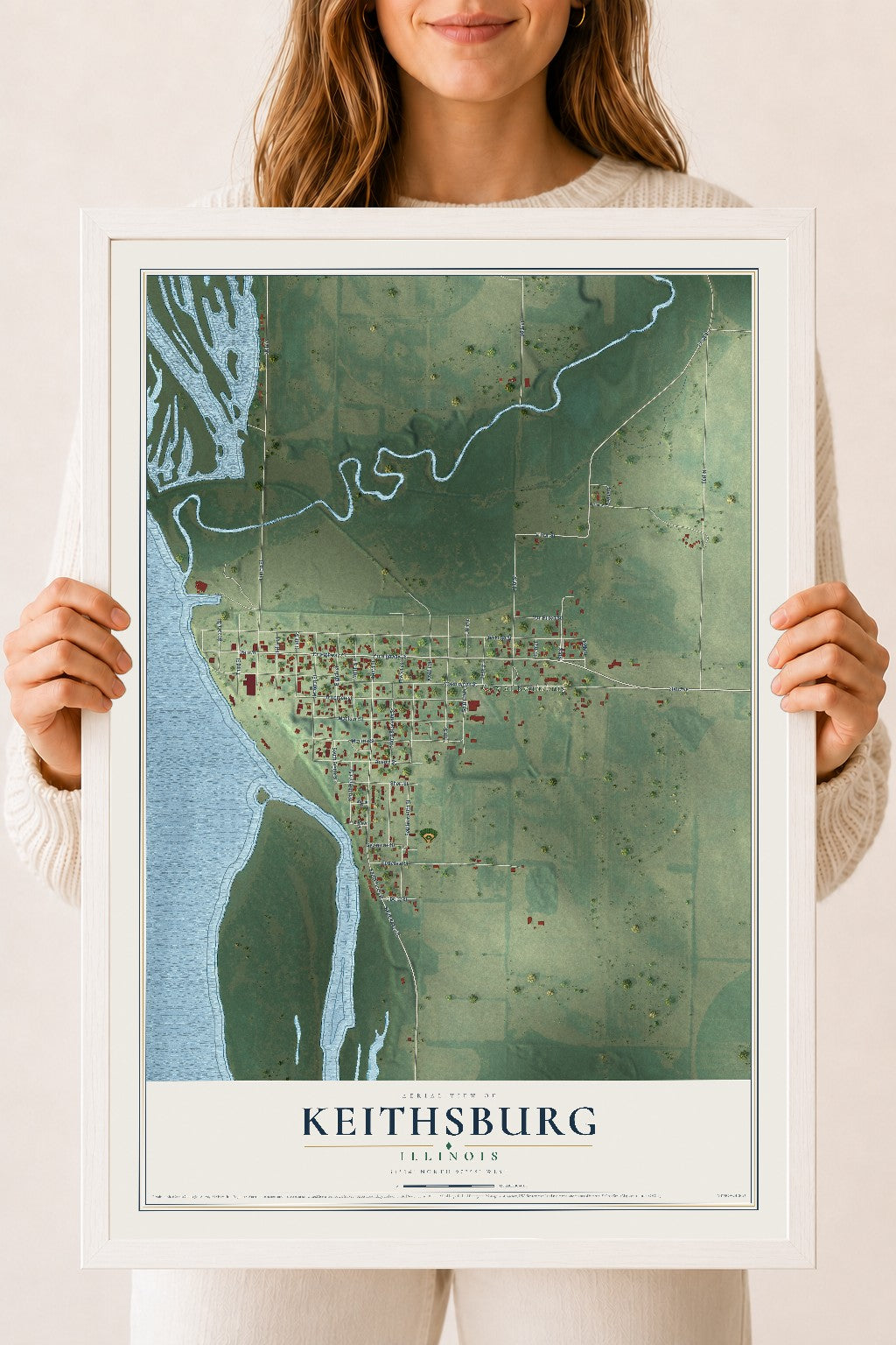 Map of Keithsburg, Illinois, 18 x 24 inch print in a white wood frame