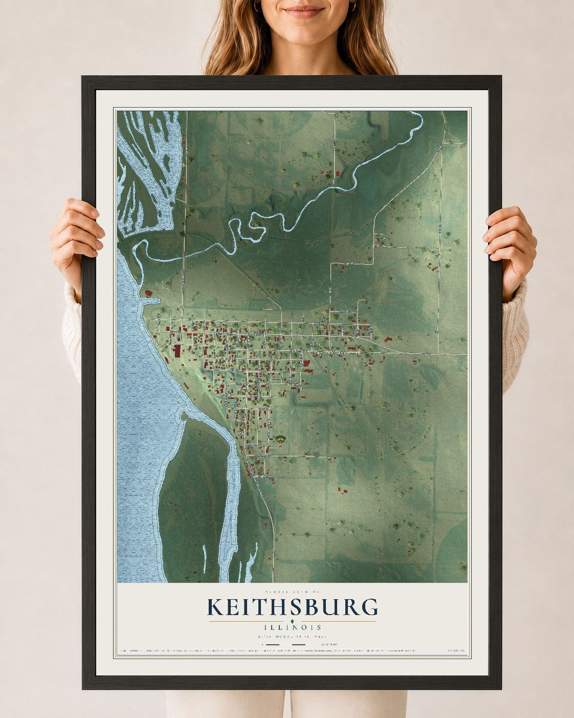 Map of Keithsburg, Illinois, 24 x 36 inch print in a black wood frame