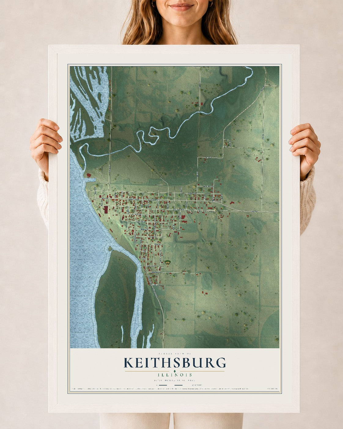 Map of Keithsburg, Illinois, 24 x 36 inch print in a white wood frame